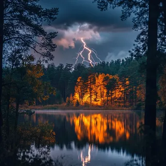 Thunderstorm with vivid lightning over an autumn forest. - Image 4