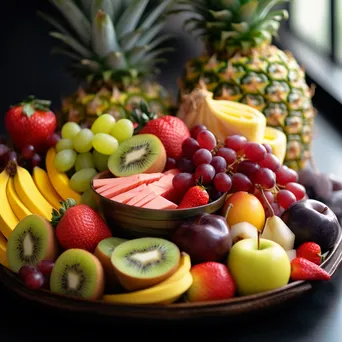 A vibrant platter of assorted fresh fruits arranged with tropical leaves. - Image 1