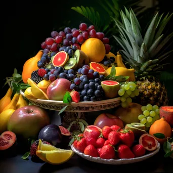 A vibrant platter of assorted fresh fruits arranged with tropical leaves. - Image 2