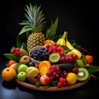 A vibrant platter of assorted fresh fruits arranged with tropical leaves. - Image 3