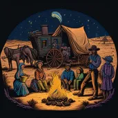 Pioneers gathered around a campfire on the Oregon Trail facing adversity - Image 1