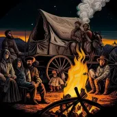 Pioneers gathered around a campfire on the Oregon Trail facing adversity - Image 3