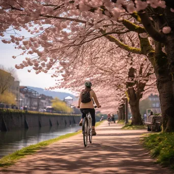 Cyclist riding along a riverside path with cherry blossoms - Image 1