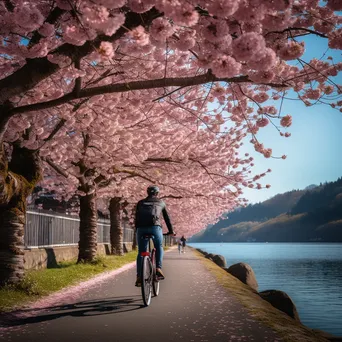 Cyclist riding along a riverside path with cherry blossoms - Image 2