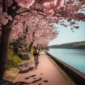 Cyclist riding along a riverside path with cherry blossoms - Image 4