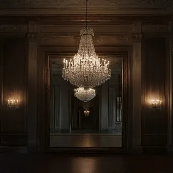 Artwork of a grand ballroom with an elaborate chandelier reflecting in an antique mirror - Image 1