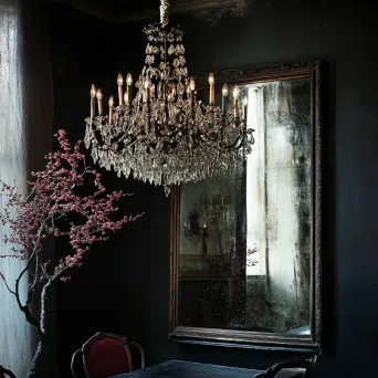 Artwork of a grand ballroom with an elaborate chandelier reflecting in an antique mirror - Image 4