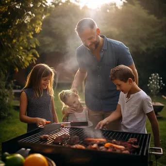 Family enjoying a backyard barbecue with a smoky grill - Image 1