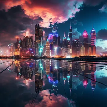 Futuristic skyline illuminated by colorful neon lights at dusk - Image 1