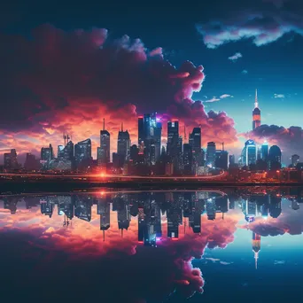 Futuristic skyline illuminated by colorful neon lights at dusk - Image 4