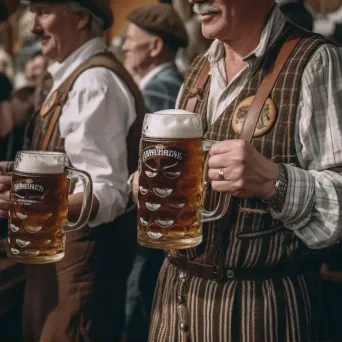 Oktoberfest gathering with traditional attire, beer steins, and pretzels - Image 2