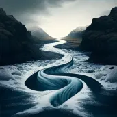 Painting of a river flowing into the sea representing life