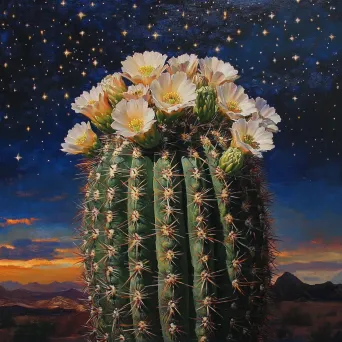 Chiaroscuro oil painting of a blooming cactus under a star-filled desert sky - Image 1