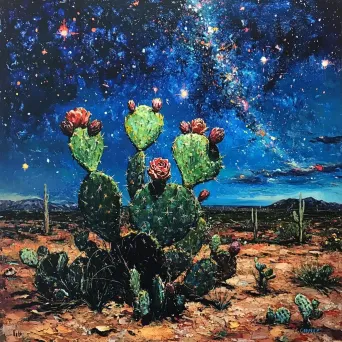 Chiaroscuro oil painting of a blooming cactus under a star-filled desert sky - Image 3