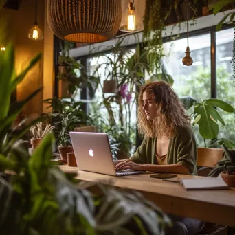 Young woman coding on a laptop in a stylish coworking space. - Image 2