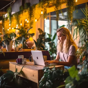 Young woman coding on a laptop in a stylish coworking space. - Image 3