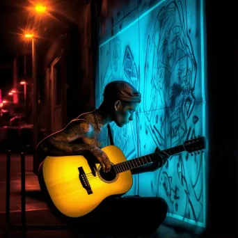 Tattooed Youth Playing Guitar under Neon Streetlight - Image Generated - Image 1