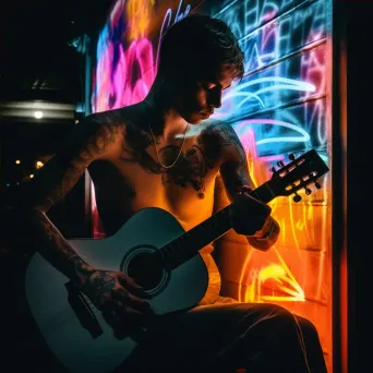 Tattooed Youth Playing Guitar under Neon Streetlight - Image Generated - Image 4