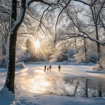 Family ice skating on a frozen lake in a winter landscape - Image 1