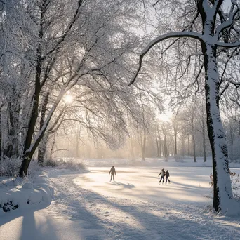 Family ice skating on a frozen lake in a winter landscape - Image 2