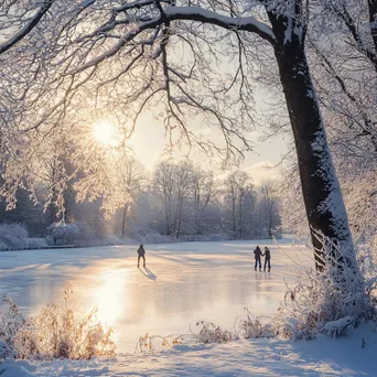 Family ice skating on a frozen lake in a winter landscape - Image 3