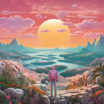 Hiker on rocky cliff overlooking a lush valley during a pastel sunset - Image 3