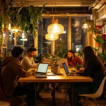 Diverse group in coworking space with laptops collaborating - Image 1