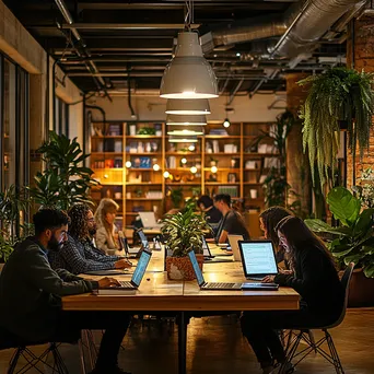 Diverse group in coworking space with laptops collaborating - Image 4