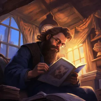 Man with a beard and glasses reading a book in a cozy room - Image 2