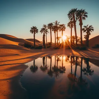 Desert oasis with palm trees and blue water at sunset - Image 2