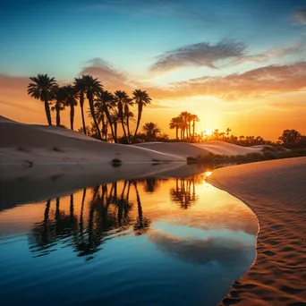 Desert oasis with palm trees and blue water at sunset - Image 3