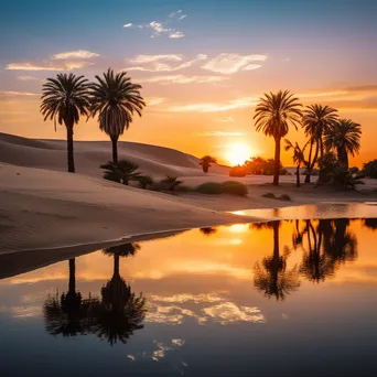 Desert oasis with palm trees and blue water at sunset - Image 4