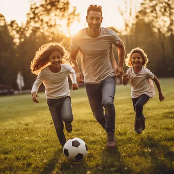 Family playing soccer in a park at golden hour. - Image 2