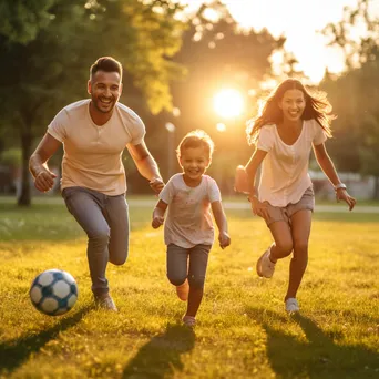 Family Playing Soccer at Dusk