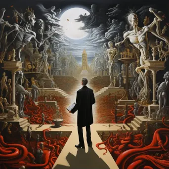 Surrealist painting of superimposed realms of heaven and hell representing Pascal