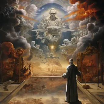 Surrealist painting of superimposed realms of heaven and hell representing Pascal