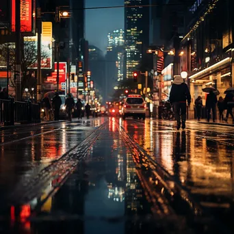 Busy city street reflecting lights in the rain, black and white high contrast - Image 3