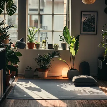 Meditation corner with yoga mat and plants in home office - Image 1