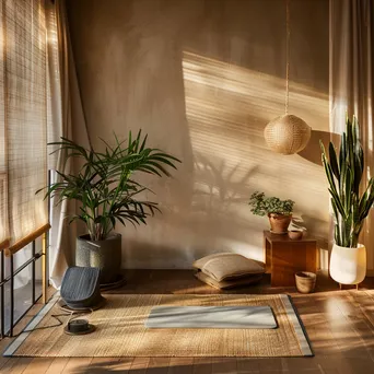 Meditation corner with yoga mat and plants in home office - Image 2