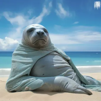 Hawaiian monk seal resting on sandy beach with clear blue ocean and sky - Image 1