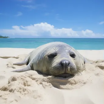 Hawaiian monk seal resting on sandy beach with clear blue ocean and sky - Image 3