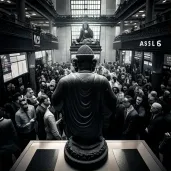 Serene Buddha statue on chaotic stock exchange floor - Image 1