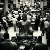 Serene Buddha statue on chaotic stock exchange floor - Image 3