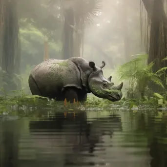 Image of a Javan Rhino drinking in the Indonesian rainforest - Image 4