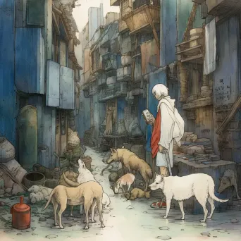 Saintly figure feeding dogs in urban alleyway - Image 3