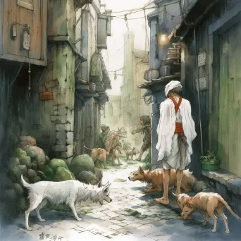 Saintly figure feeding dogs in urban alleyway - Image 4