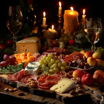 Charcuterie board with cheeses, meats, and fruits on wooden surface - Image 1