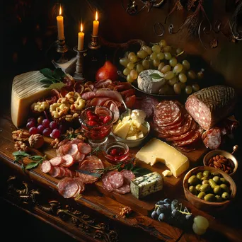 Charcuterie board with cheeses, meats, and fruits on wooden surface - Image 4