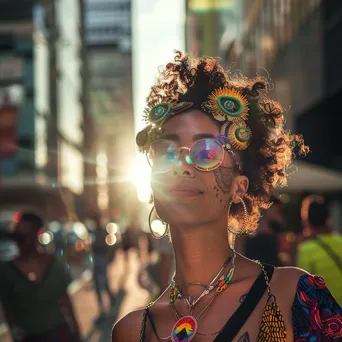 Woman in a colorful outfit standing in a sunny city street - Image 3