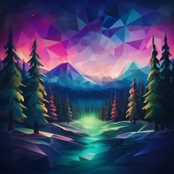 Low poly depiction of a wintry northern lights display over a pristine snowscape with distant pines - Image 2